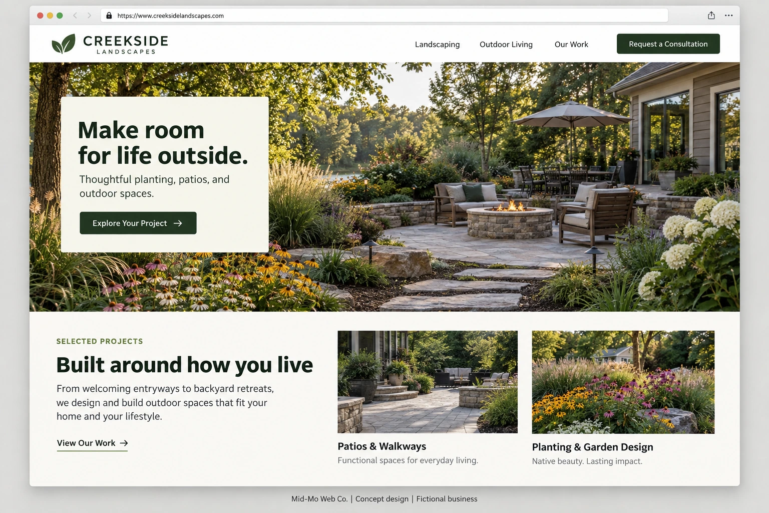 Fictional Creekside Landscapes website concept with an outdoor living project and project categories