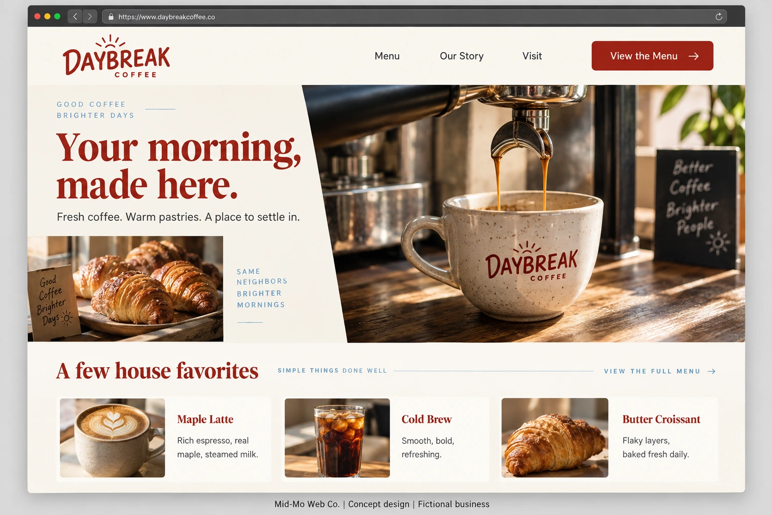 Fictional Daybreak Coffee website concept with a coffee hero and featured menu items