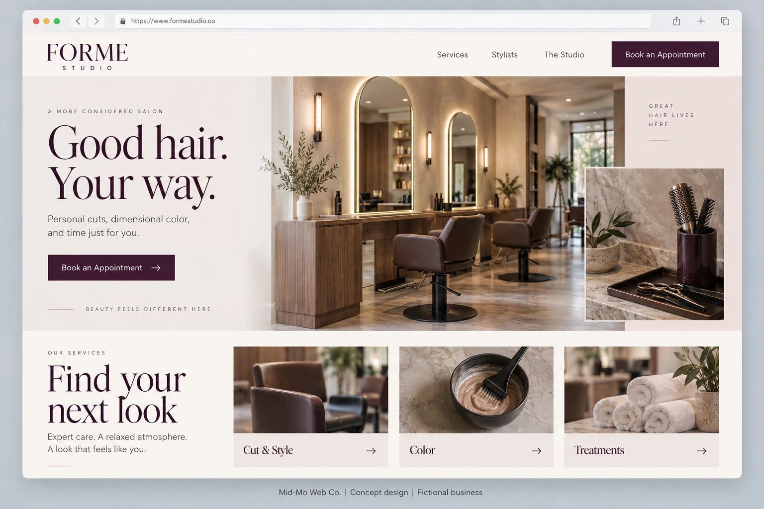 Fictional Forme Studio salon website concept with services and an appointment request action