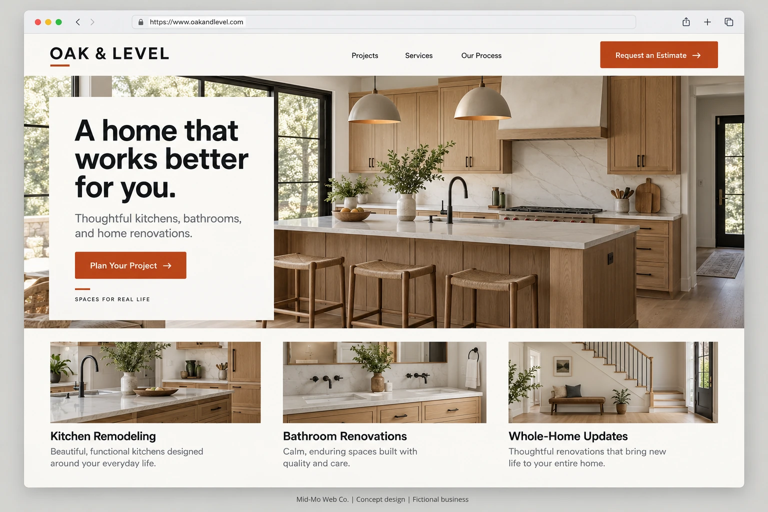 Fictional Oak and Level remodeling website concept with a kitchen renovation hero and service categories