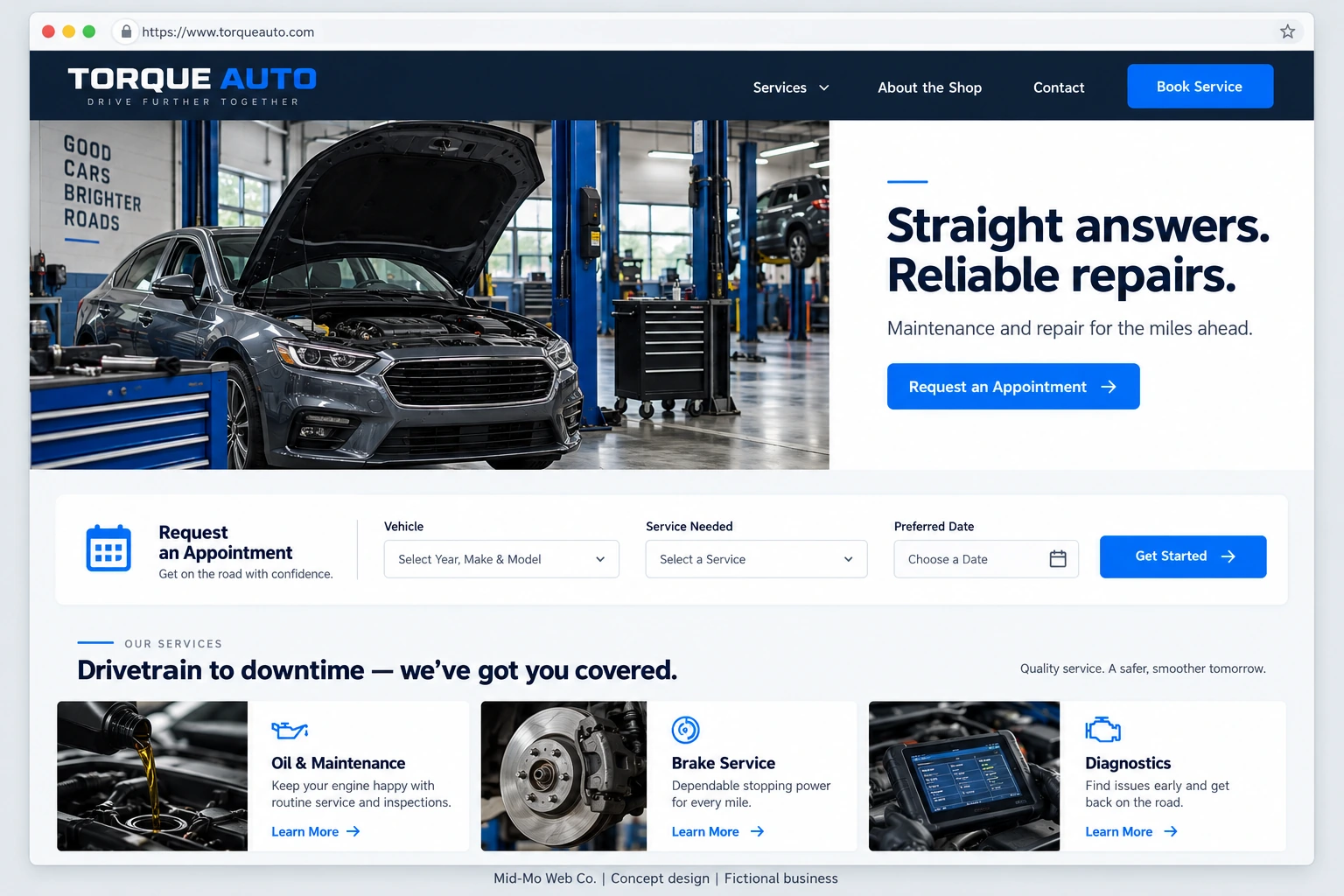 Fictional Torque Auto repair website concept with repair services and request controls